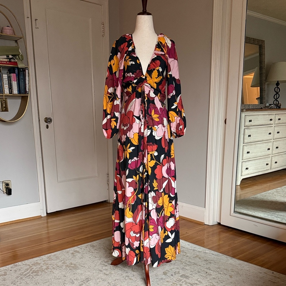 Anthropologie Maeve Maxi Dress w Deep-V, Pink, Red, Black & Brown Floral Pattern